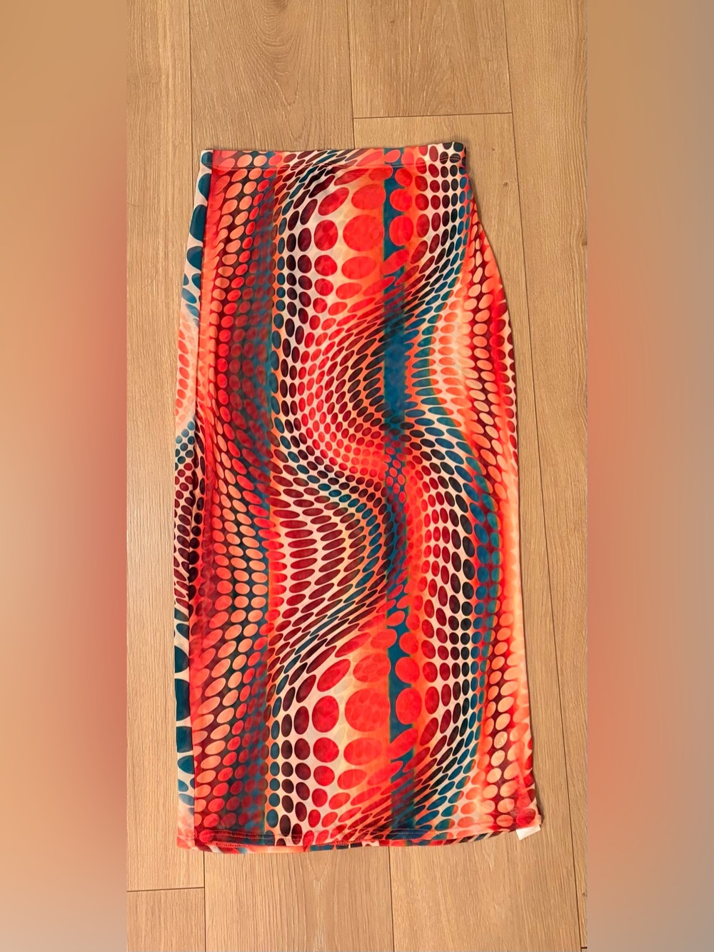 PrettyLittleThing Orange & Teal Wave Dot Maxi Skirt